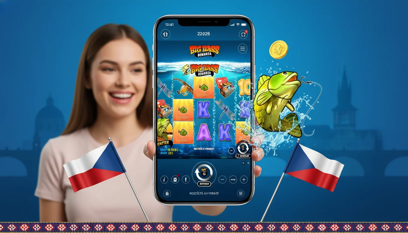 Big Bass Bonanza herní rozhraní - válce 5×3, money-fish symboly, Wild rybář a panel sázky s tlačítkem Spin
